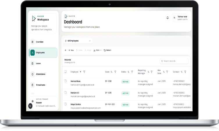 The DijiPeople dashboard, showing employee records and attendance